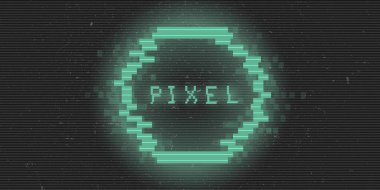 Geçmişe dönük siberpunk piksel dairesi. Parlak yeşil dijital daire. 8 bit yuvarlak şekil. Elektronik müzik etkinlikleri, başlıklar, web, afişler için arka plan tasarımı. Vektör