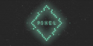 Geçmişe dönük siberpunk piksel eşkenar dörtgen. Parlak yeşil dijital eşkenar dörtgen. 8 bit dikdörtgen şeklinde. Elektronik müzik etkinlikleri, başlıklar, web, afişler için arka plan tasarımı. Vektör