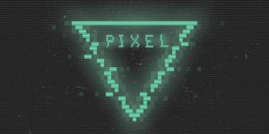 Üçgen siberpunk piksel eşkenar dörtgen. Yeşil, parıldayan dijital üçgen. 8 bitlik şekil. Elektronik müzik etkinlikleri, başlıklar, web, afişler için arka plan tasarımı. Vektör