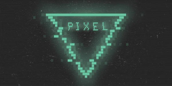 Τρίγωνο cyberpunk δυσλειτουργία pixel ρόμβος. Πράσινο λαμπερό ψηφιακό τρίγωνο. Σχήμα 8 bit. Σχεδιασμός φόντου για promo εκδηλώσεις ηλεκτρονικής μουσικής, τίτλους, web, banners. Διάνυσμα — Διανυσματικό Αρχείο