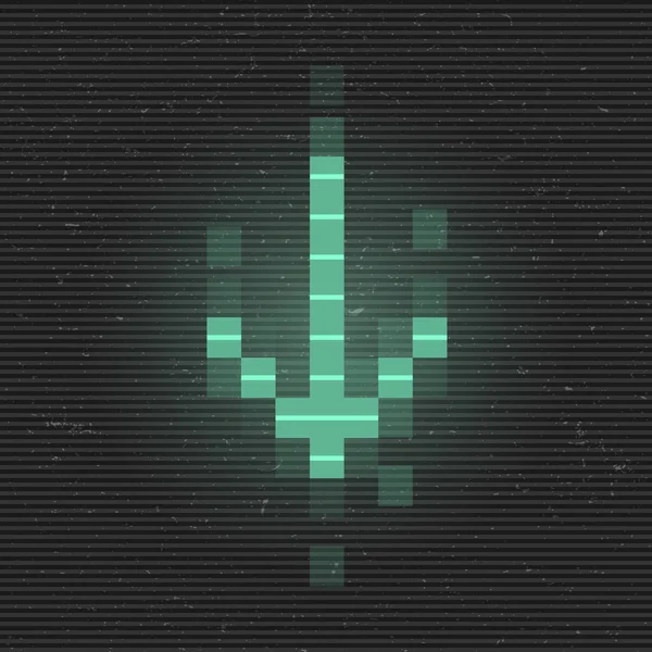 Seta de falha retrofuturista para baixo. Ponteiro digital verde brilhante. Seta de pixel de 8 bits. Cyberpunk elemento de design brilhante para cartaz, panfleto, capa, banner, web, jogos. Vetor —  Vetores de Stock