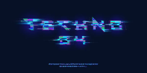 Futuristic cyberpunk glitch font. Modern English glowing alphabet with distortion effect. Good for design promo electronic music events, game titles, banner, web. Vector — Stock Vector