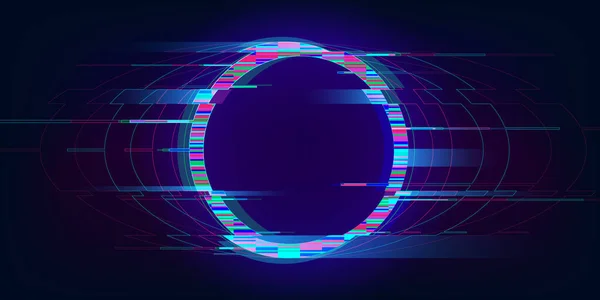 Glitch Circle. Distorsion cercle lumineux style cyberpunk. Forme ronde futuriste avec effet d'interférence TV. Design pour événements musicaux promo, jeux, web, bannières, arrière-plans. Vecteur — Image vectorielle