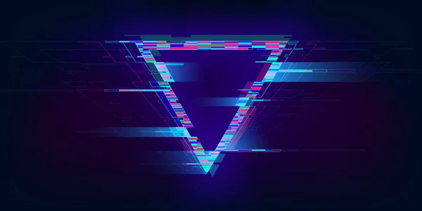 Segitiga Glitch. Gaya cyberpunk segitiga yang terdistorsi. Bentuk geometri Futuristik dengan efek gangguan TV. Desain untuk acara musik promo, permainan, web, spanduk, latar belakang. Vektor - Stok Vektor