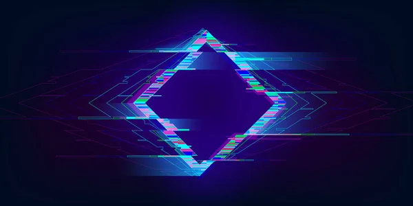 Glitch Rhombus. Vervormde gloeiende rhombus cyberpunk stijl. Futuristische geometrie met TV interferentie-effect. Ontwerp voor promo muziek evenementen, games, web, banners, achtergronden. Vector — Stockvector