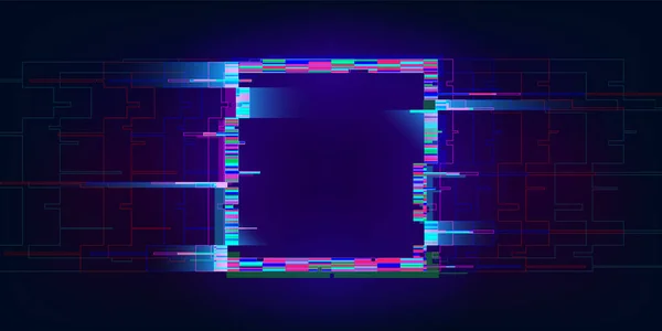 Rectángulo de falla. Distorsionados rectángulo brillante estilo cyberpunk. Forma de geometría futurista con efecto de interferencia de TV. Diseño para eventos de música promocional, juegos, web, banners, fondos. Vector — Vector de stock