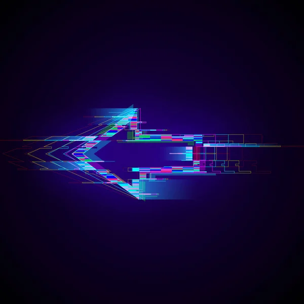 Fütürist siberpunk sol ok arızası. Çarpıtma etkisi olan modern parlayan işaret. Tasarım tanıtımı, elektronik müzik etkinlikleri, oyun başlıkları, afişler, web için iyi. Vektör