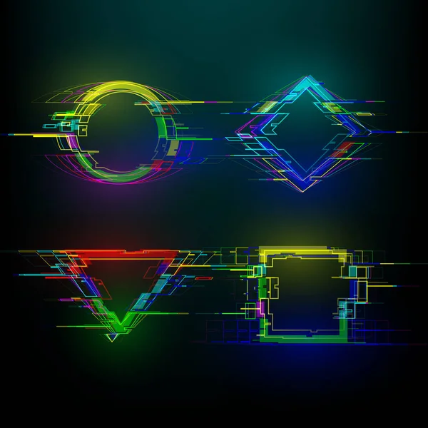 Ensemble de formes géométriques futuristes glitch dans le style cyberpunk. Cercle lumineux moderne, losange, rectangle et triangle avec effet de distorsion. Bon pour les bannières de conception, web. Vecteur — Image vectorielle