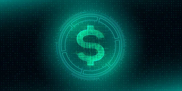 Soyut HUD teknolojisi arka planında dijital para birimi dolar işareti. Gelecekteki yüksek teknolojili dijital para. Geleceğin elektronik ekonomisi. Vektör