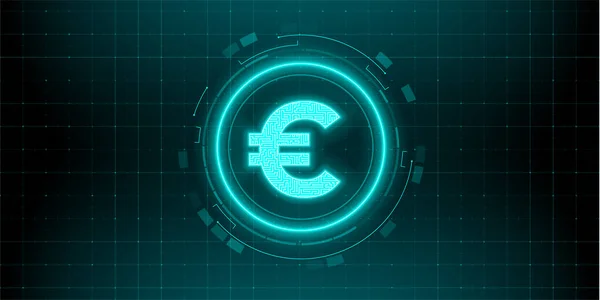 Soyut HUD teknoloji arka planında dijital para birimi euro tabelası. Fütürist yüksek teknoloji dijital para. Geleceğin elektronik ekonomisi. Vektör