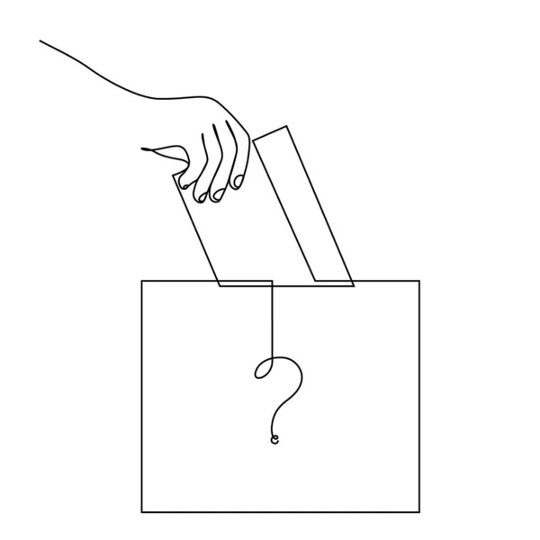 Vote Continuous Line Drawing. The Hand Puts the Voting Form in the Ballot Box. The winner of the election is unknown - a question symbol on the ballot box. Vector — Stock Vector