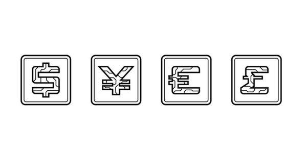 Набор цифровых икон валюты США доллар, юань, евро и фунт стерлингов на изолированном белом фоне. Футуристический знак цифровой валюты. Вектор