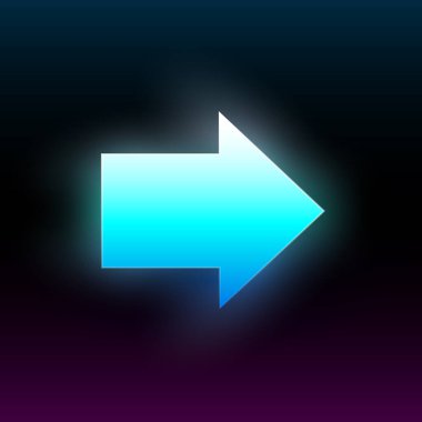 Mavi, parlayan sağ ok. Canlı bir gradyanı olan modern parıldayan yön göstergesi. Poster, afiş, el ilanı, kart vesaire için tasarım ögesi. Karanlık arka plan. Vektör