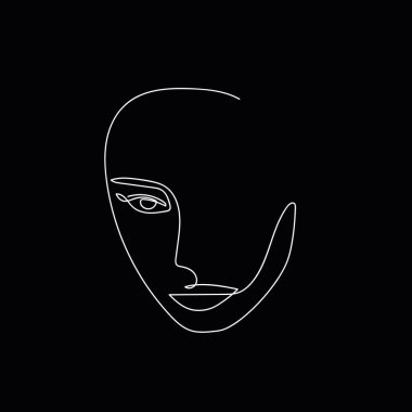Devamlı soyut bir yüz. Çağdaş minimalist kadın portresi. Siyah arka planda izole bir kadının el çizimi sanatı. Güzellik modası minimalist konsepti. Vektör
