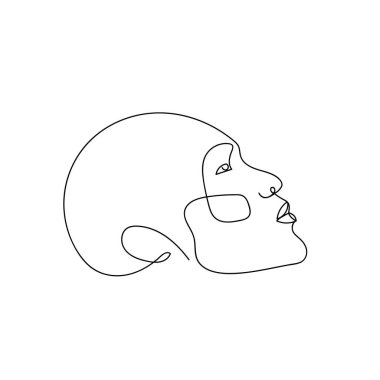 Devamlı çizgi soyut yüz, kenar görüş. Çağdaş minimalist portre. Kılsız adamın el çizimi sanatı. Güzellik minimalist konsepti. Vektör