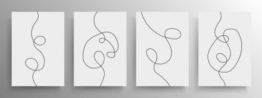 Set of minimalist black continuous line artistic design for cover and poster or wall decoration, vector. Flow lines abstract art.