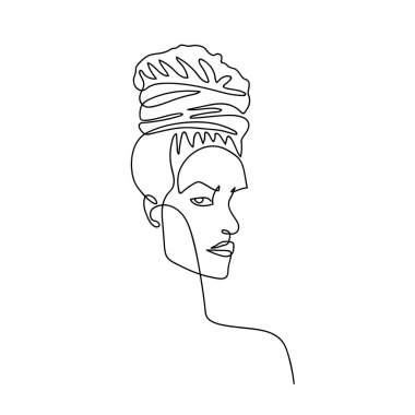 Afrika saç stili olan sürekli soyut bir kadın portresi. El çizimi Afrikalı kadın. Kadın moda güzellik konsepti. Model işi için tasarım, tişört, logo, ikon. Vektör