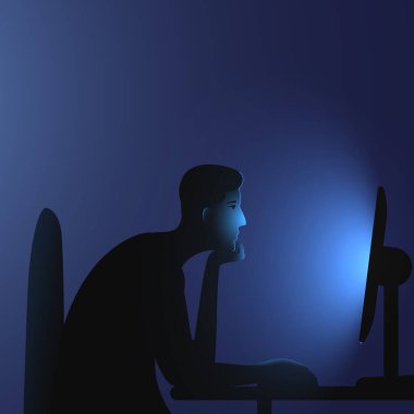 İnternet bağımlılığı. Kafkasyalı bir adam gece geç saatlerde bilgisayarın başında oturur. İnsanların ağ kurma ve internette çok fazla zaman geçirmelerinin vektör çizimi.