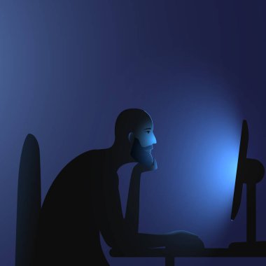 İnternet bağımlılığı. Sakallı, beyaz saçlı bir adam gece geç saatlerde bilgisayarın başına oturur. İnsanların ağ kurma ve internette çok fazla zaman geçirmelerinin vektör çizimi.