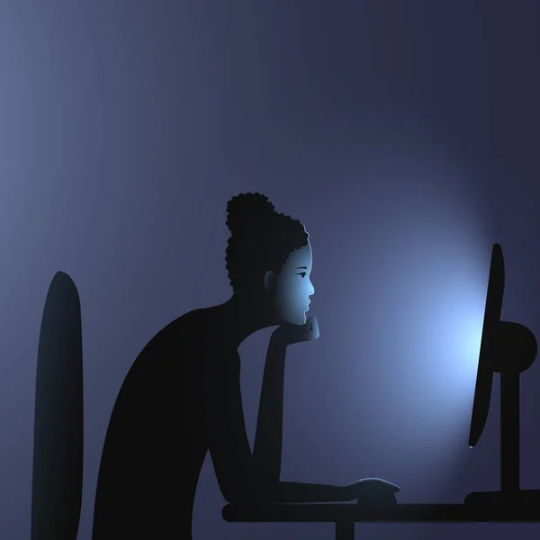 Adicción a Internet. Una mujer negra con cornrows con el peinado del bollo se sienta en una computadora tarde en la noche. Ilustración vectorial de personas inmersas en redes y que pasan demasiado tiempo en Internet — Vector de stock