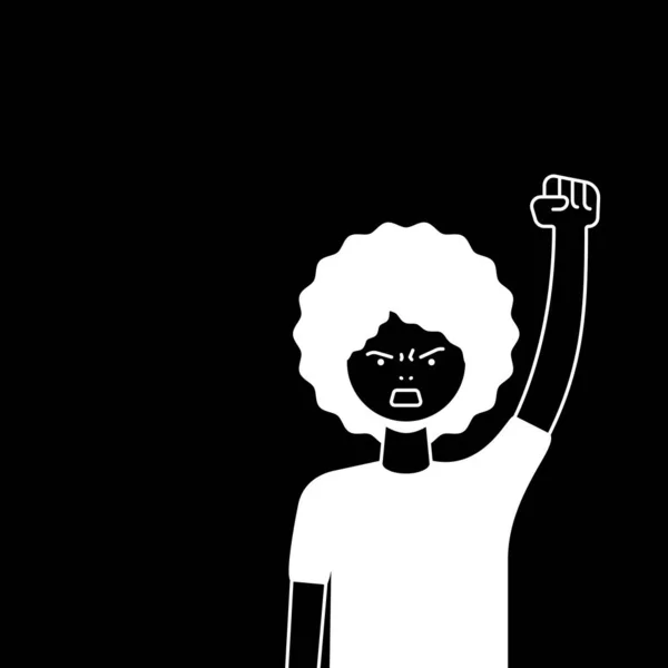Een vrouw protesteert met een opgeheven vuist, schreeuwend boos. Vrouwelijke demonstrant of activist. Black Lives Matter vierkante banner of plakontwerp met kopieerruimte. Vector platte illustratie. — Stockvector