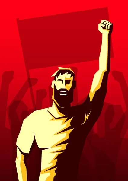 Sikoltozó szakállas férfi felemelt ököllel és emberek tömegével, zászlóval és felemelt kezekkel a háttérben. Forradalom, politikai tiltakozás, aktivista hazafiság. Vektor — Stock Vector