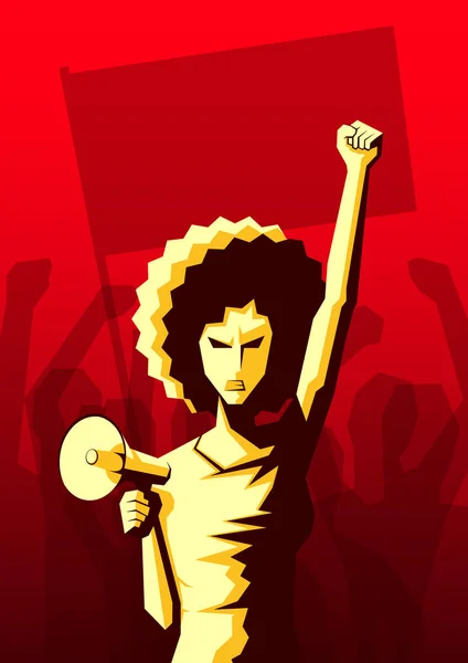 Femme en colère avec une coiffure afro et haut-parleur levé son poing avec la foule de gens avec le drapeau et les mains levées dans l'air sur le fond. Révolution, protestation politique. Vecteur — Image vectorielle