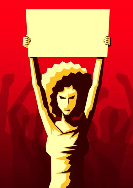 Angry woman with afro hairstyle raised up placard with copy space, and silhouette of crowd of people hands raised in the air on the background. Revolution, political protest. Vector — 스톡 벡터