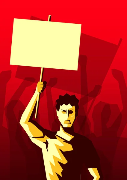 Wütender Mann hob ein Plakat mit Kopierraum in die Höhe, im Hintergrund die Silhouette einer Menschenmenge, die die Hände in die Luft reckt. Revolution, politischer Protest. Vektor — Stockvektor