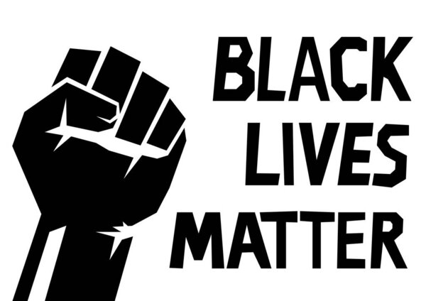 Поднятый кулак, знамя Black Lives Matter выделяется на белом фоне. Символ протеста в США, борьба за права чернокожих. Вектор