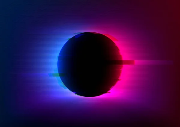 VHS glitch effect background with vivid neon blue pink light behind the black circle. Eclipse concept. Design of banner, poster for cybersport, and advertising — Stock Photo, Image