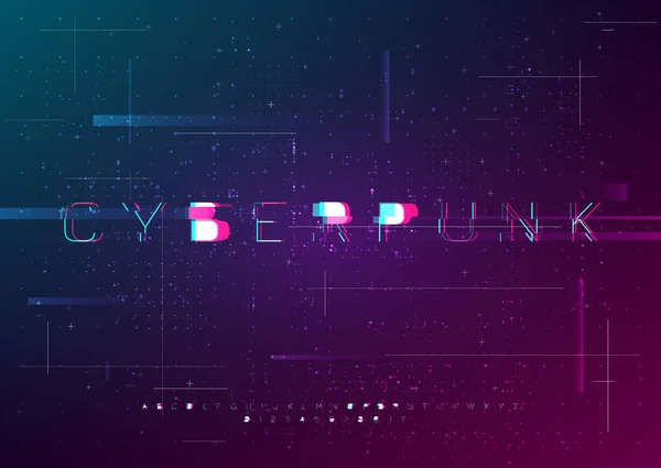 Desain fonta vektor cyber dengan efek kesalahan. Distorted futuristic English letters, numbers, symbols in cyberpunk style. Alfabet gaya digital Glitch. Desain untuk acara cybersport, web. - Stok Vektor