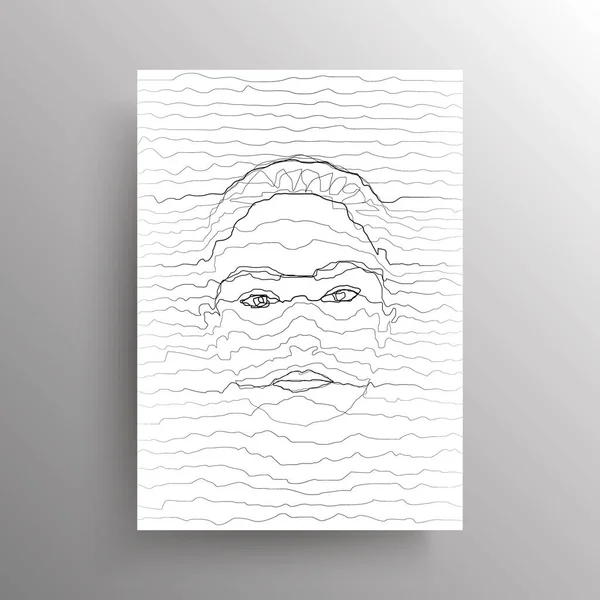 Beyaz arka planda izole edilmiş dalgalı yatay çizgilerle soyut bir kadın yüzünün portresi. Tam yüz. Duvar dekorasyonu için tasarım, poster. Vektör — Stok Vektör