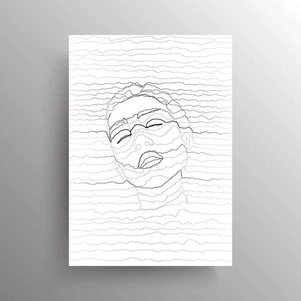 Portrait of an abstract female face with closed eyes in wavy horizontal lines style isolated on white background. Design for wall decoration, poster. Vector — Stok Vektör