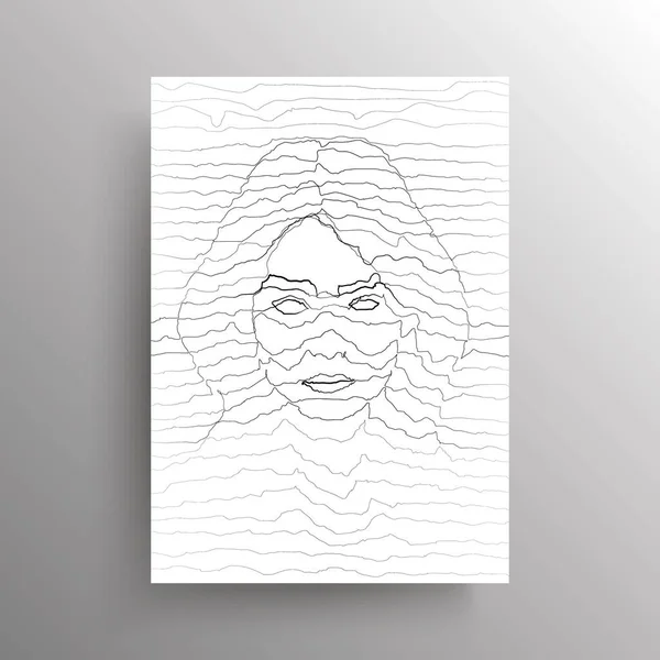 Cara femenina abstracta en estilo de líneas horizontales onduladas. Retrato de una mujer en estilo de distorsión lineal aislada sobre fondo blanco. Diseño para decoración de paredes. Vector — Vector de stock