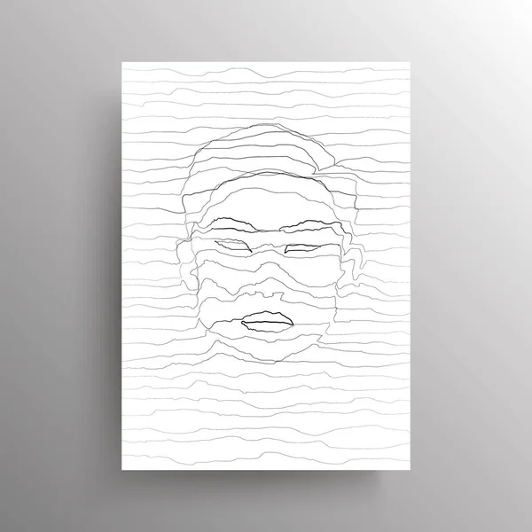 Wajah laki-laki abstrak dalam gaya garis horizontal bergelombang. Potret seorang pria Asia dengan gaya distorsi linear terisolasi pada latar belakang putih. Desain untuk dekorasi dinding, poster. Vektor - Stok Vektor