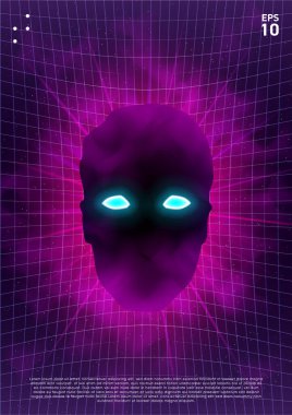 Synthwave posteri. Kafası parlak mavi gözlerle uzayda pembe sis içinde bozulmuş lazer şebeke arka planında. Retrodalga elektronik müzik etkinlikleri için canlı bir tasarım. Poster için tasarım, kapak. Vektör