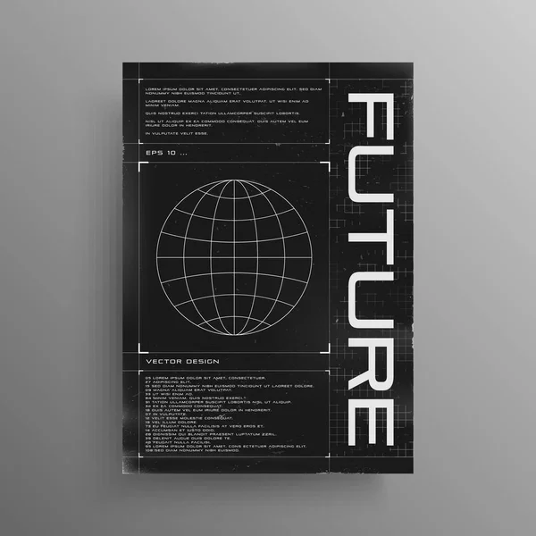 Retrofuturistische poster met HUD-elementen en gebroken laserraster. Affiche ontwerp in cyberpunk stijl met wireframe planet. Zwart met witte omslag ontwerp template. Muziek evenement lay-out. Vector — Stockvector