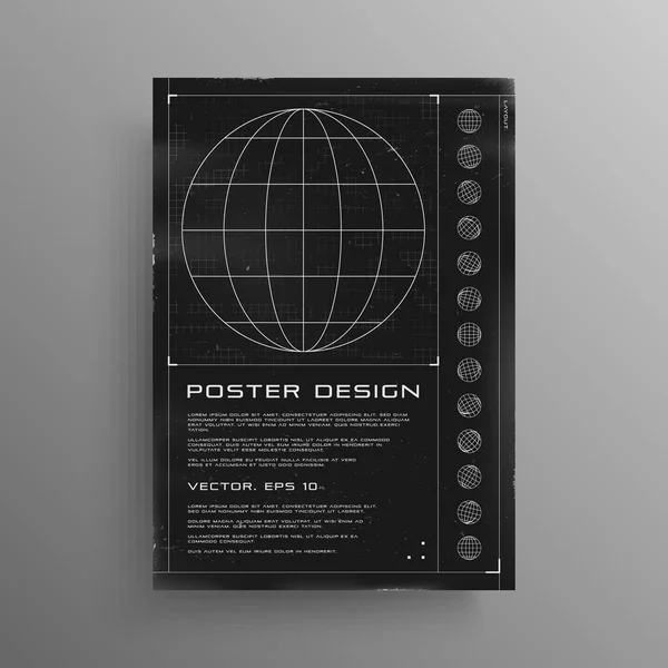 Cartel retrofuturista con elementos HUD. Diseño de póster en blanco y negro en estilo cyberpunk con planeta wireframe y elementos cibernéticos de moda. Plantilla de diseño de portada para eventos musicales. Vector — Vector de stock