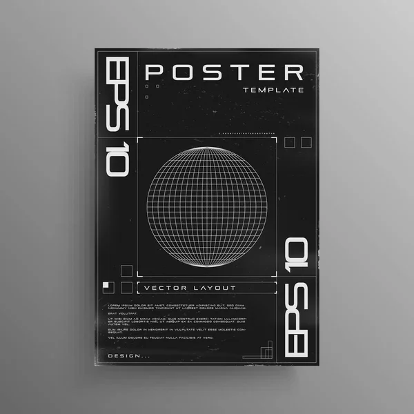 Retro cyberpunk poster met wireframe planet en trendy cyber elementen. Zwart-wit retrofuturistisch posterontwerp met HUD-elementen. Omslag ontwerp lay-out voor muziekevenementen. Vector — Stockvector