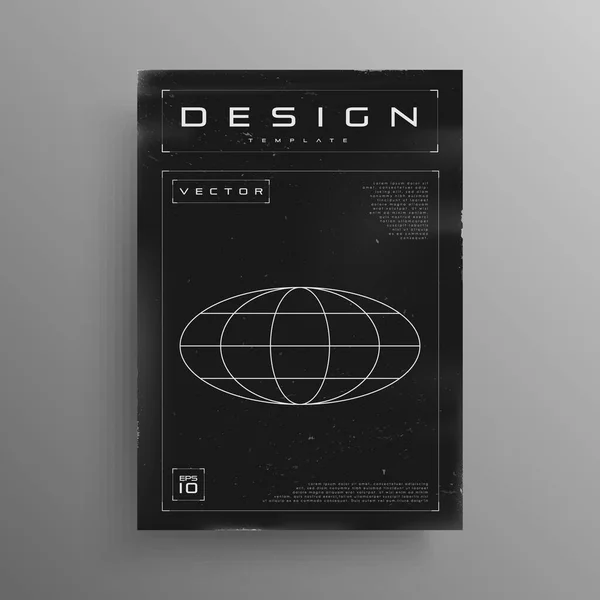 Poster retrofuturistik dengan gambar elips planet dan elemen HUD. Poster cyber hitam dan putih. Templat Flyer dalam gaya retro cyberpunk untuk acara musik elektronik. Vektor - Stok Vektor