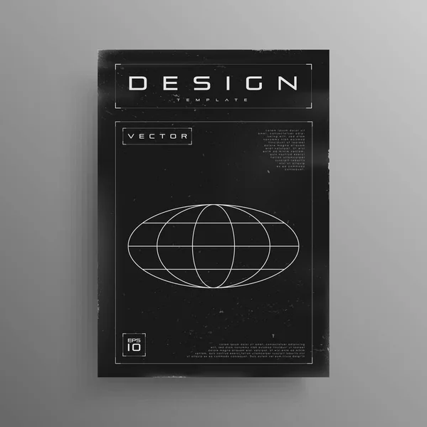 Cartaz retrofuturista com elipse wireframe planeta e elementos HUD. Cartaz cibernético retrô preto e branco. Modelo de panfleto em estilo cyberpunk retro para eventos de música eletrônica. Vetor —  Vetores de Stock