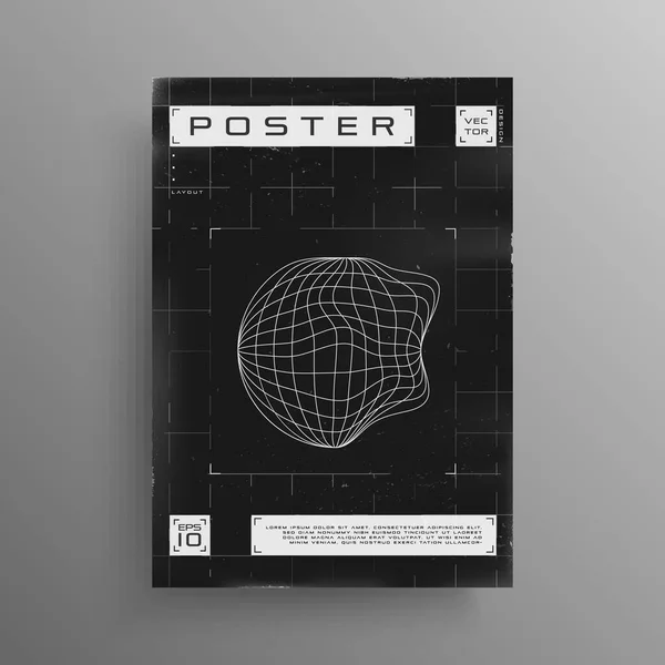 Retrofuturistic poster with broken laser grid and liquid distorted wireframe planet. Black and white poster design in cyberpunk style with HUD elements. Flyer template. Vector — Stock Vector