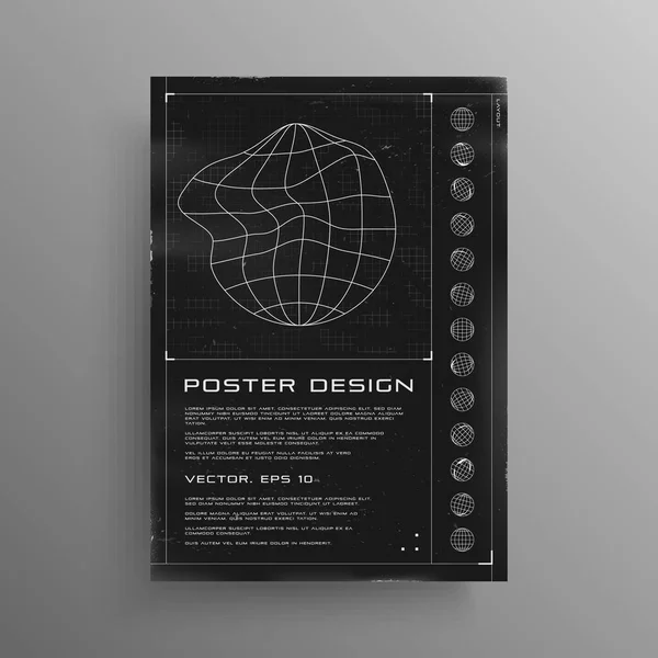 Retrofuturistische poster met HUD elementen. Zwart-wit affiche ontwerp in cyberpunk stijl met draadframe vloeibaar vervormde planeet. Omslag ontwerp sjabloon voor muziek evenementen. Vector — Stockvector