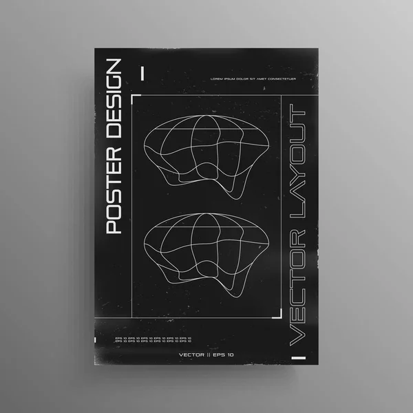 Affiche rétrofuturiste noir et blanc avec des planètes ellipses déformées par liquide et des éléments HUD. Affiche de couverture du cyberpunk rétro. Conception de flyer pour les événements de musique électronique. Vecteur — Image vectorielle