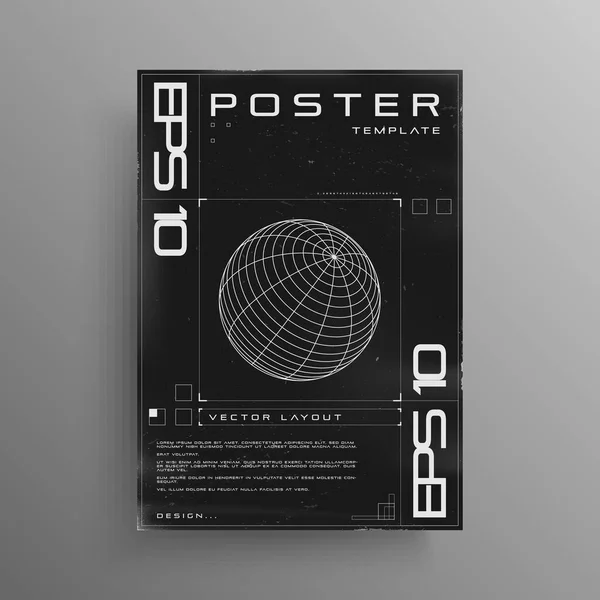 Retro cyberpunk poster met wireframe 3D sfeer. Zwart-wit retrofuturistisch posterontwerp met HUD cyberelementen. Omslag ontwerp lay-out voor muziekevenementen. Vector — Stockvector