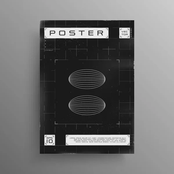 Αναδρομική αφίσα με σπασμένο πλέγμα λέιζερ, ελλειπτικούς πλανήτες wireframe και μοντέρνα στοιχεία HUD. Ασπρόμαυρο poster design σε cyberpunk στυλ. Πρότυπο Flyer. Διάνυσμα — Διανυσματικό Αρχείο