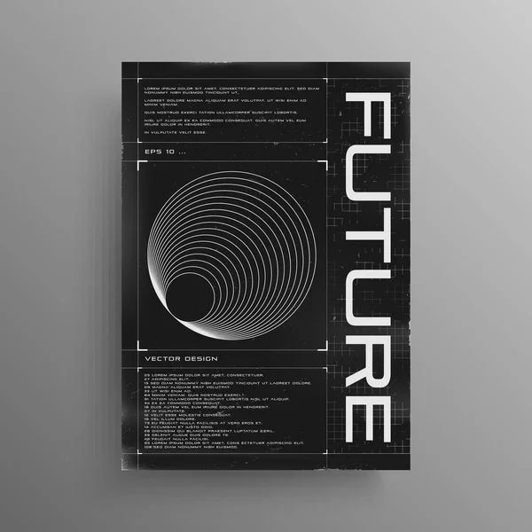 Αναδρομική αφίσα με στοιχεία HUD και σπασμένο πλέγμα laser. Ασπρόμαυρο poster design σε cyberpunk στυλ με την ακτινική φιγούρα. Πρότυπο σχεδιασμού Φλάιερ. Διάνυσμα — Διανυσματικό Αρχείο