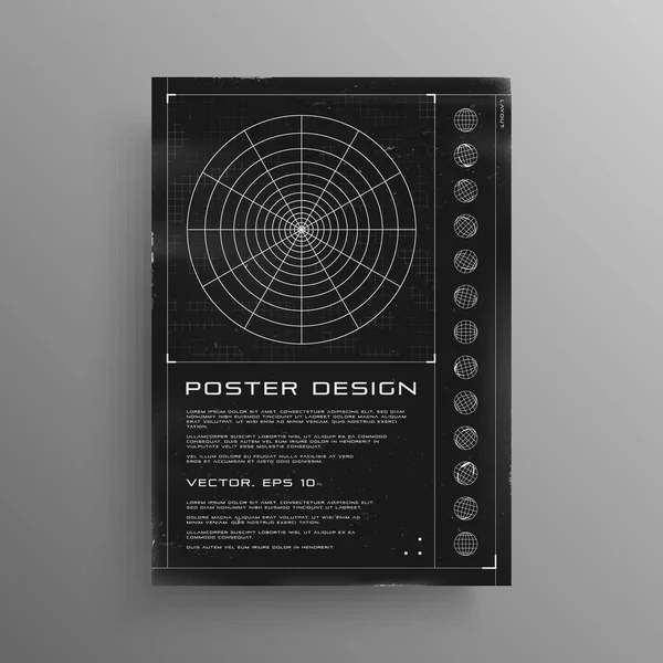 Retrofuturistische poster met HUD elementen. Zwart-wit posterontwerp in cyberpunk stijl met een poolraster. Omslag ontwerp sjabloon voor muziek evenementen. Vector — Stockvector