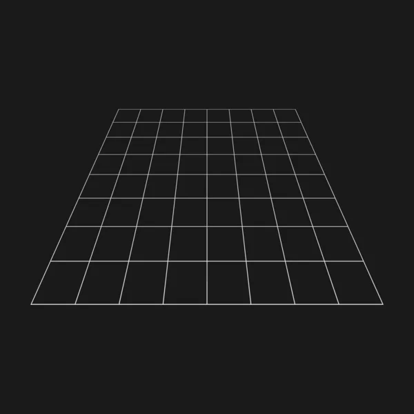 Retrofuturistic perspective grid. Retro cyber design element. Grid in cyberpunk 80s style. Rectangular cyber geometry for poster, cover, merch in retrowave style. Vector — Vetor de Stock